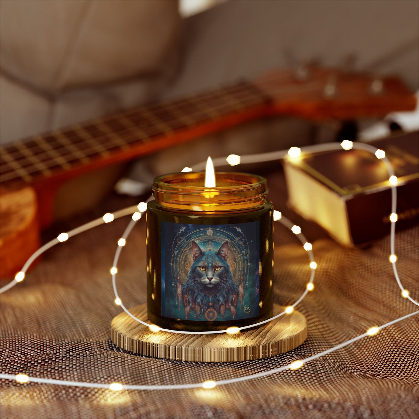 Premium Coconut Apricot Wax Scented Candles, Various Floral & Spice Fragrances (4oz), Spiritual Christmas Holiday Cat Lover Pet Gift, Gray Cat Galaxy Space Fantasy Tribal Art, by Divine Arts