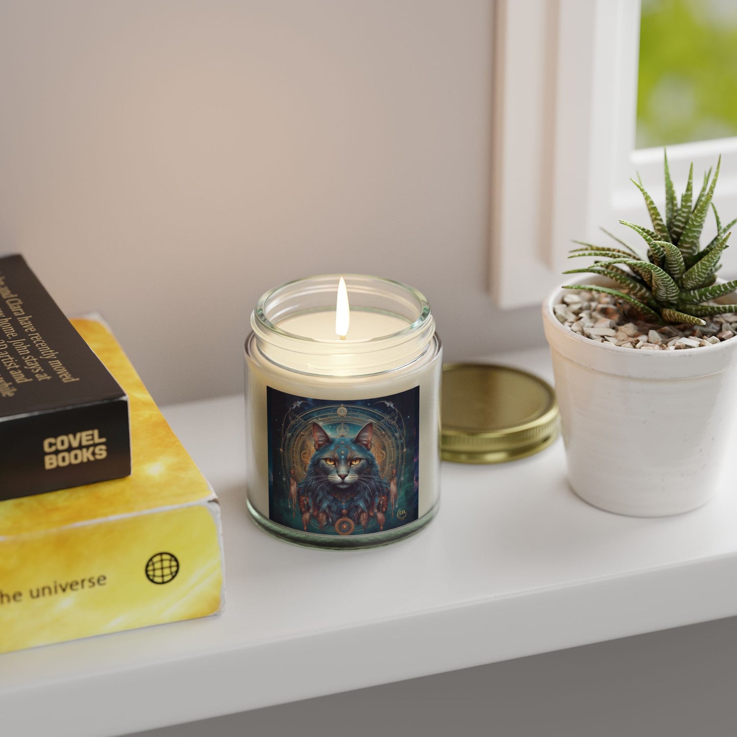 Premium Coconut Apricot Wax Scented Candles, Various Floral & Spice Fragrances (4oz), Spiritual Christmas Holiday Cat Lover Pet Gift, Gray Cat Galaxy Space Fantasy Tribal Art, by Divine Arts