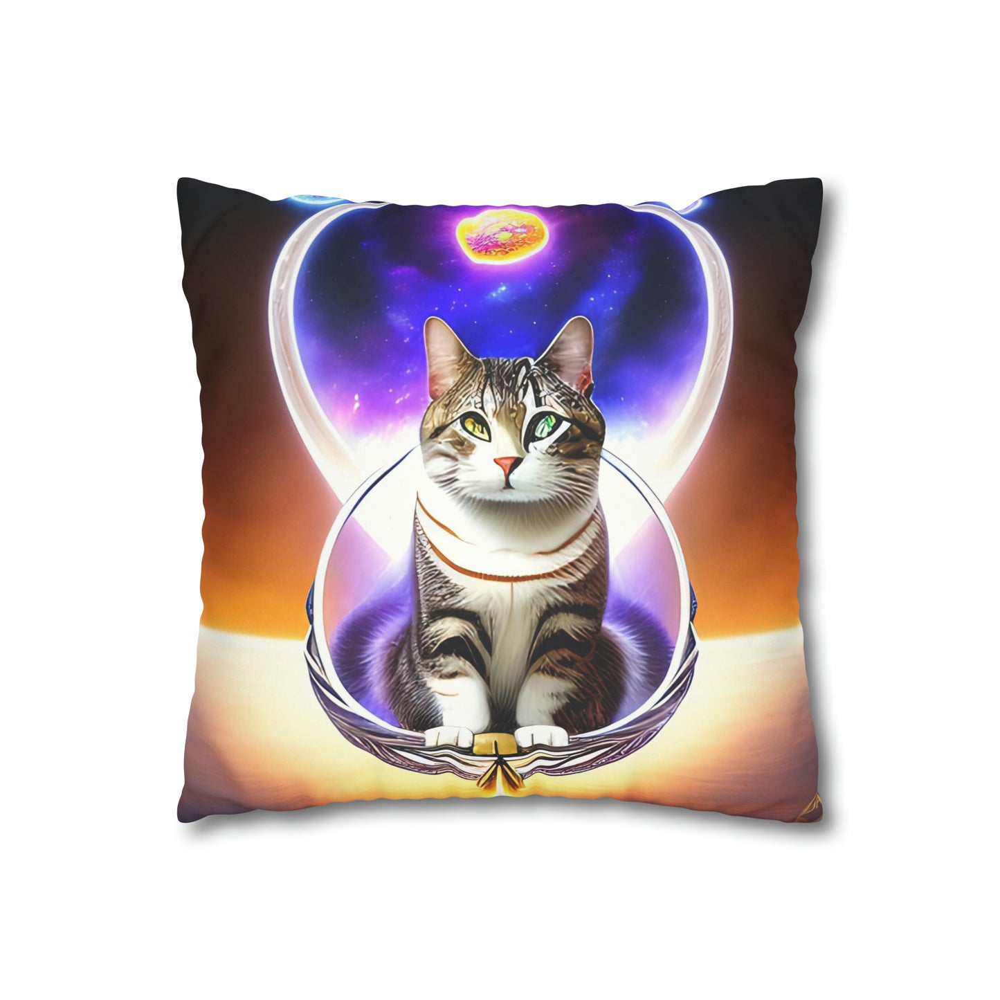 Divine Arts Faux Suede Double-Sided Art Square Pillow Cover in Four Sizes - Fantasy Galaxy Space Cat Lover Gray Tabby Cat With Heterochromia on Basket in Space With Purple, Blue & Pink Aura Meditating in Trance on the Merkaba