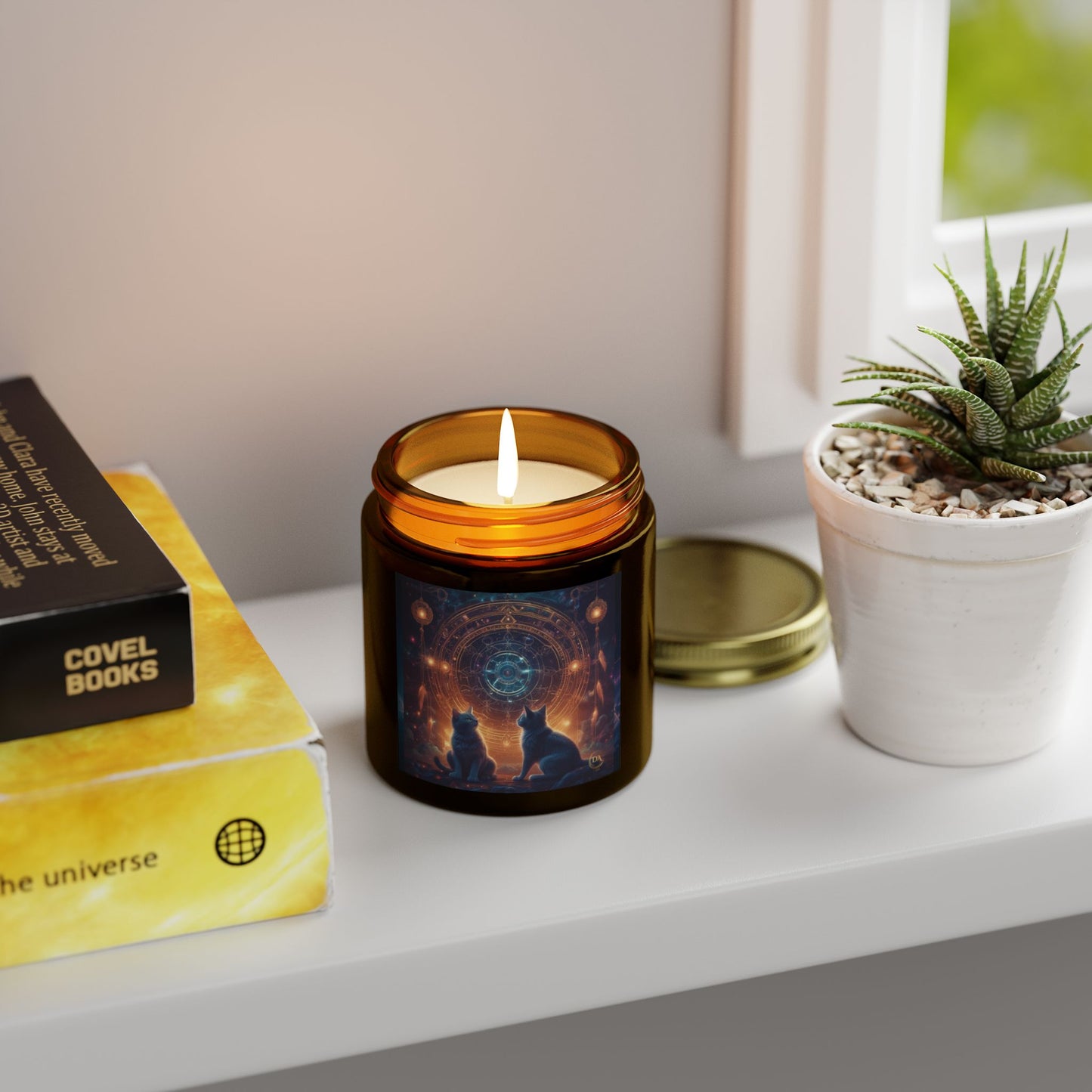 Premium Coconut Apricot Wax Scented Candles, Various Floral & Spice Fragrances (4oz), Spiritual Christmas Holiday Cat Lover Pet Gift, Black Cats Sacred Geometry Galaxy Space Fantasy Cat Art, by Divine Arts