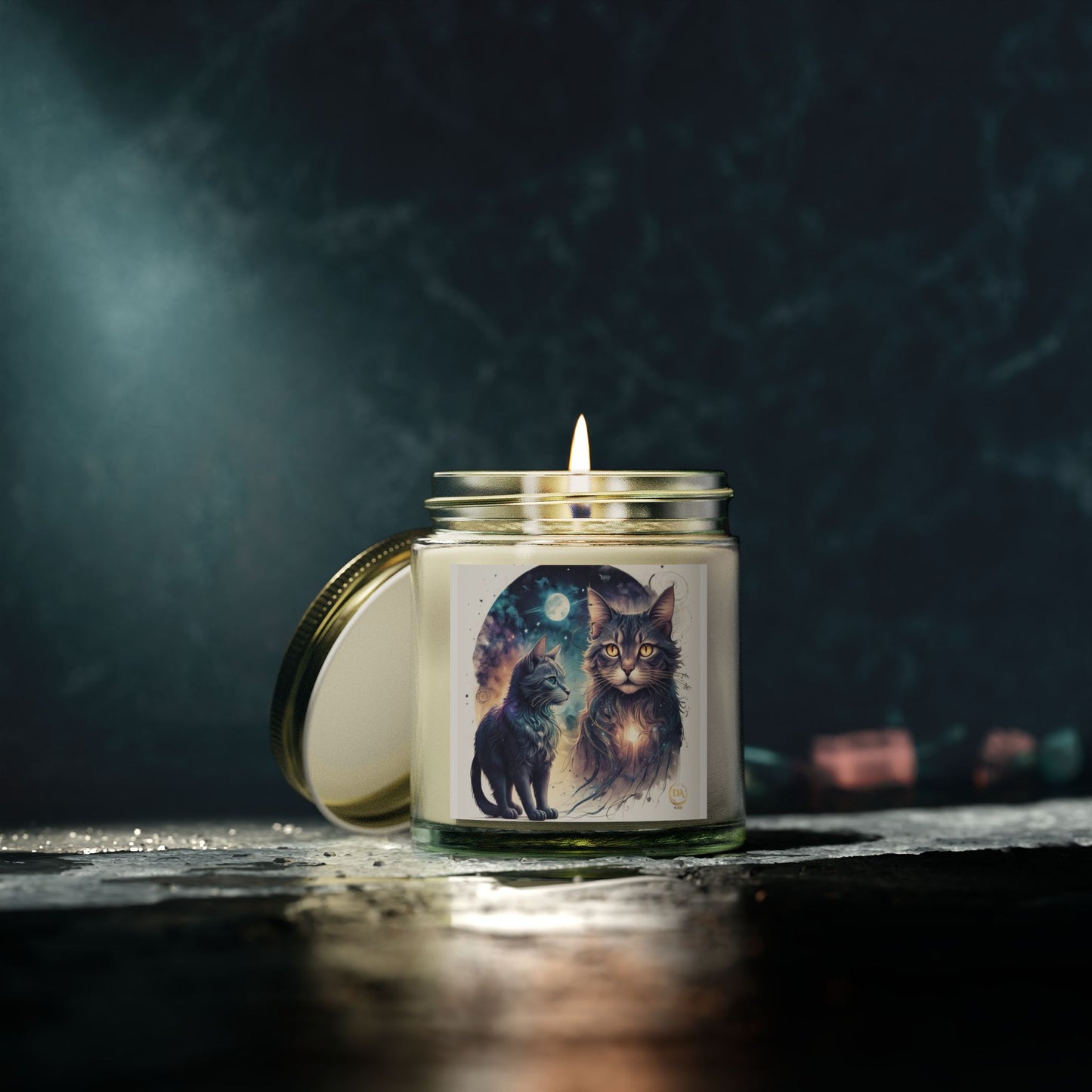 Premium Coconut Apricot Wax Scented Candles, Various Floral & Spice Fragrances (4oz), Spiritual Christmas Holiday Cat Lover Pet Gift, Ginger, White, Brown Tabby & Gray Cats Galaxy Space Fantasy Cat Art, by Divine Arts