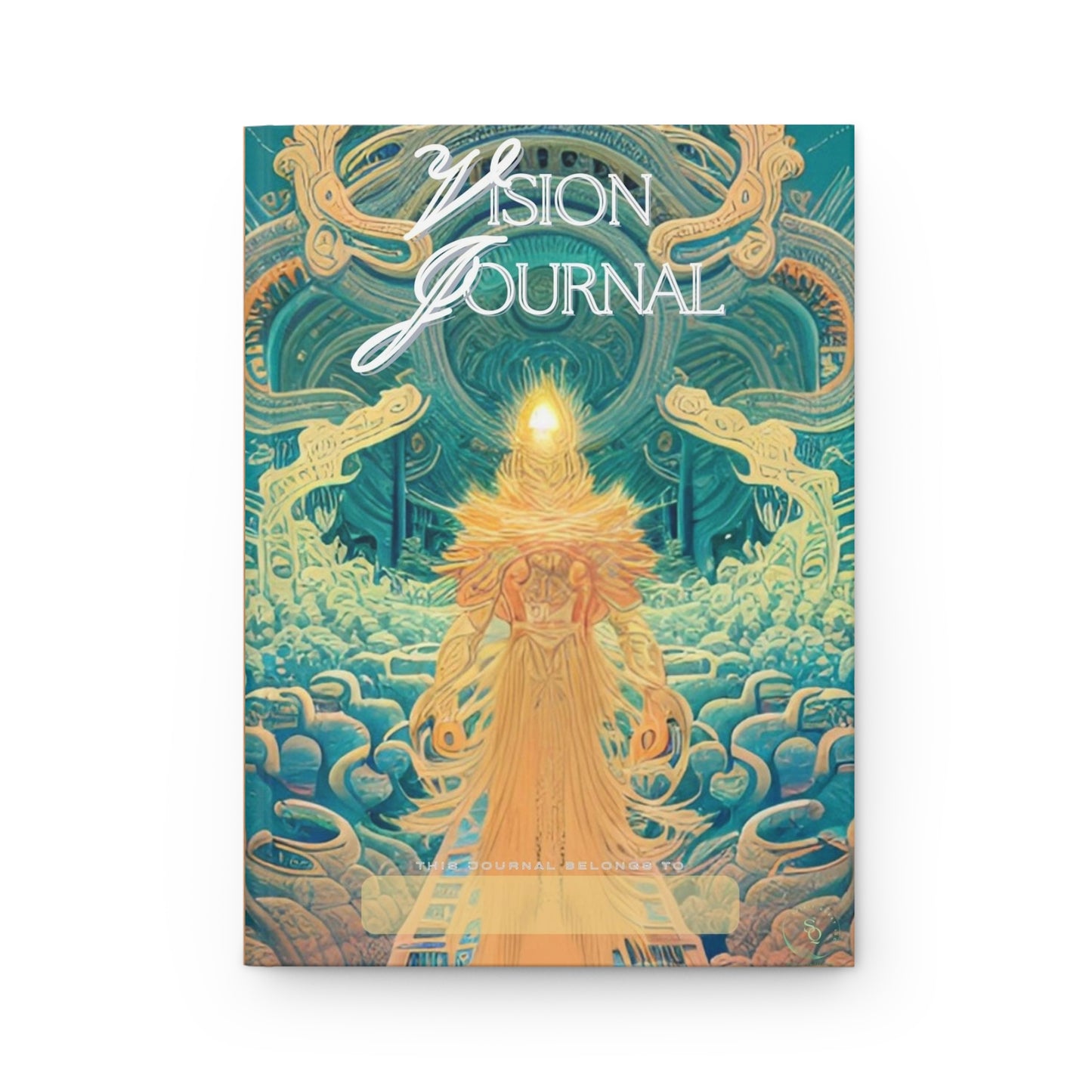 Divine Arts Hardcover Matte Laminate Coating Ruled Line Wraparound Art Journal Stationery Notebook of Celestial Floating Amidst Bright Golden Yellow and Green Swirling Clouds with Tan Cork Print Back Cover