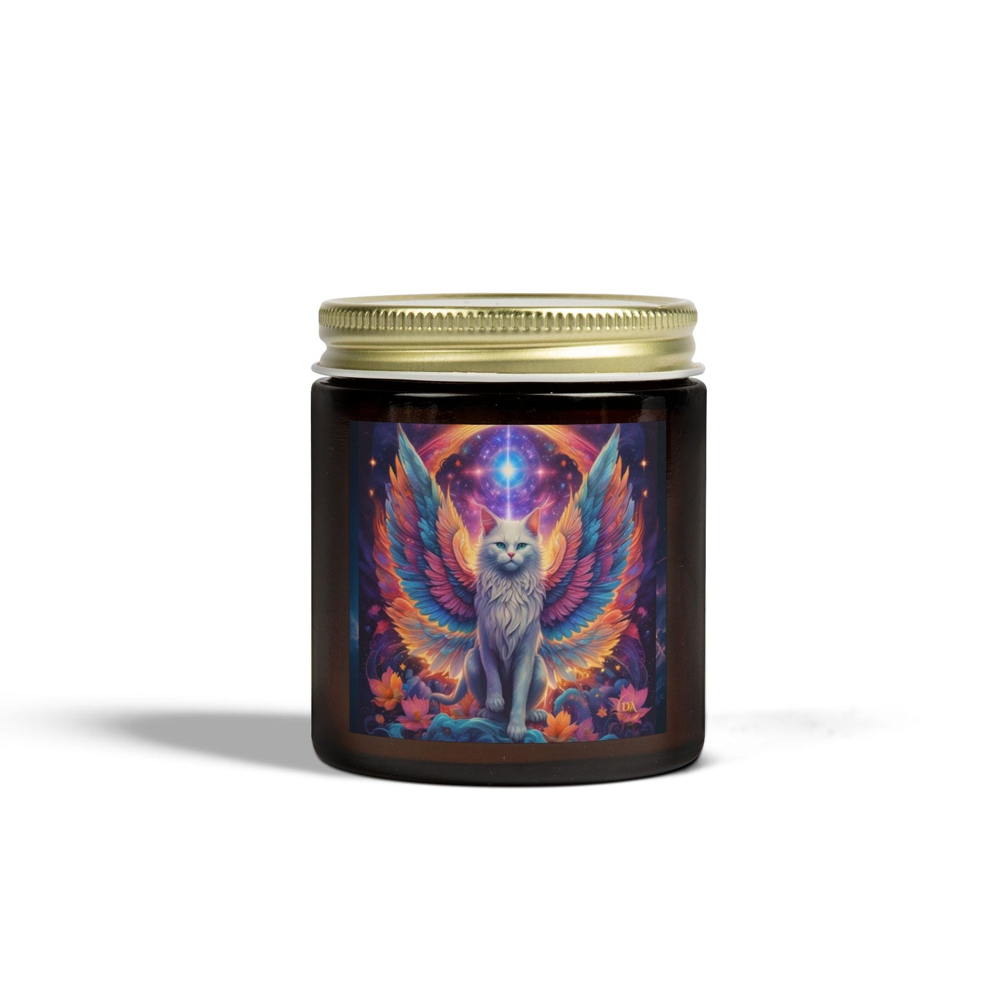 Premium Coconut Apricot Wax Scented Candles, Various Floral & Spice Fragrances (4oz), Spiritual Christmas Holiday Cat Lover Pet Gift, Galaxy Space White Angel Cat Art, by Divine Arts