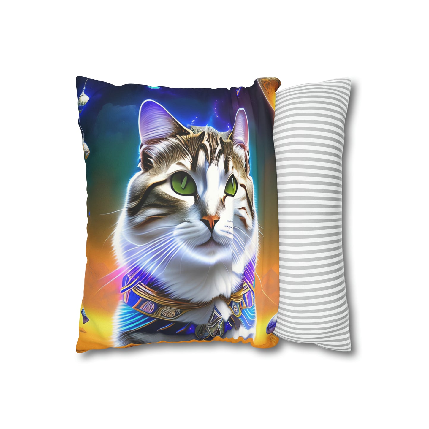 Divine Arts Faux Suede Double-Sided Square Pillow Case - Fantasy Galaxy Space Cat Lover Male Gray & Brown Tabby Cat with Green Eyes with Blue, Green & Orange Aura and Ornate Light Blue and Purple Crystal Collar Merkaba Pillow Cover in Four Sizes