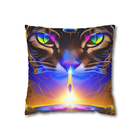 Divine Arts Faux Suede Double-Sided Art Square Pillow Case in Four Sizes - Fantasy Galaxy Space Cat Lover Male Brown Tabby Cat with Ornate Golden Face Armor and Magenta Crystal Wielding the Merkaba Pillow Cover