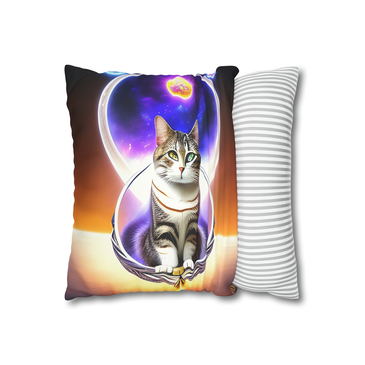 Divine Arts Faux Suede Double-Sided Art Square Pillow Cover in Four Sizes - Fantasy Galaxy Space Cat Lover Gray Tabby Cat With Heterochromia on Basket in Space With Purple, Blue & Pink Aura Meditating in Trance on the Merkaba