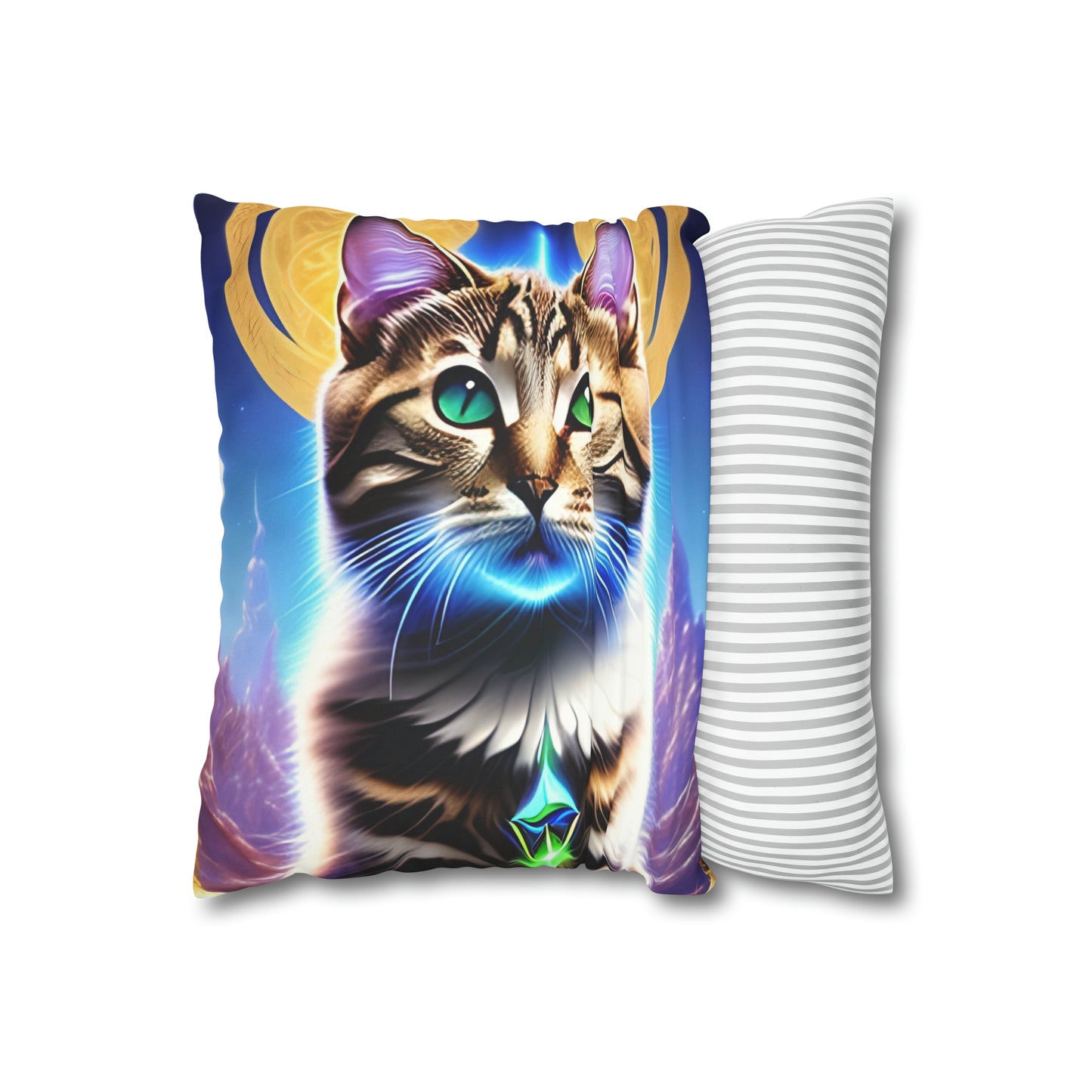 Divine Arts Faux Suede Double-Sided Square Pillow Case in Four Sizes - Fantasy Galaxy Space Cat Lover Male Brown Tabby Cat with Green Eyes Green Merkaba & Golden Aura Plates in Moutains