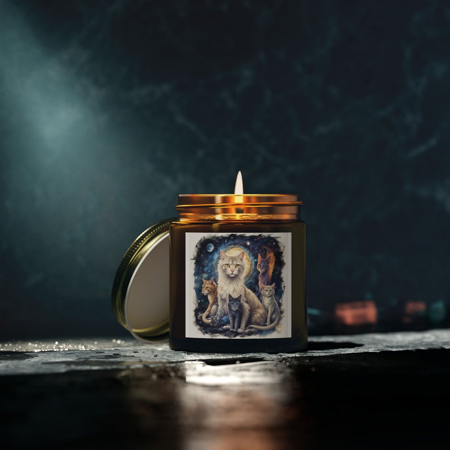 Premium Coconut Apricot Wax Scented Candles, Various Floral & Spice Fragrances (4oz), Spiritual Christmas Holiday Cat Lover Pet Gift, Ginger, White, Gray & Brown Cats Galaxy Space Fantasy Cat Art, by Divine Arts