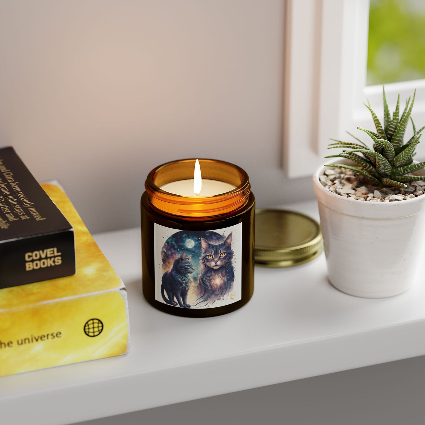 Premium Coconut Apricot Wax Scented Candles, Various Floral & Spice Fragrances (4oz), Spiritual Christmas Holiday Cat Lover Pet Gift, Ginger, White, Brown Tabby & Gray Cats Galaxy Space Fantasy Cat Art, by Divine Arts