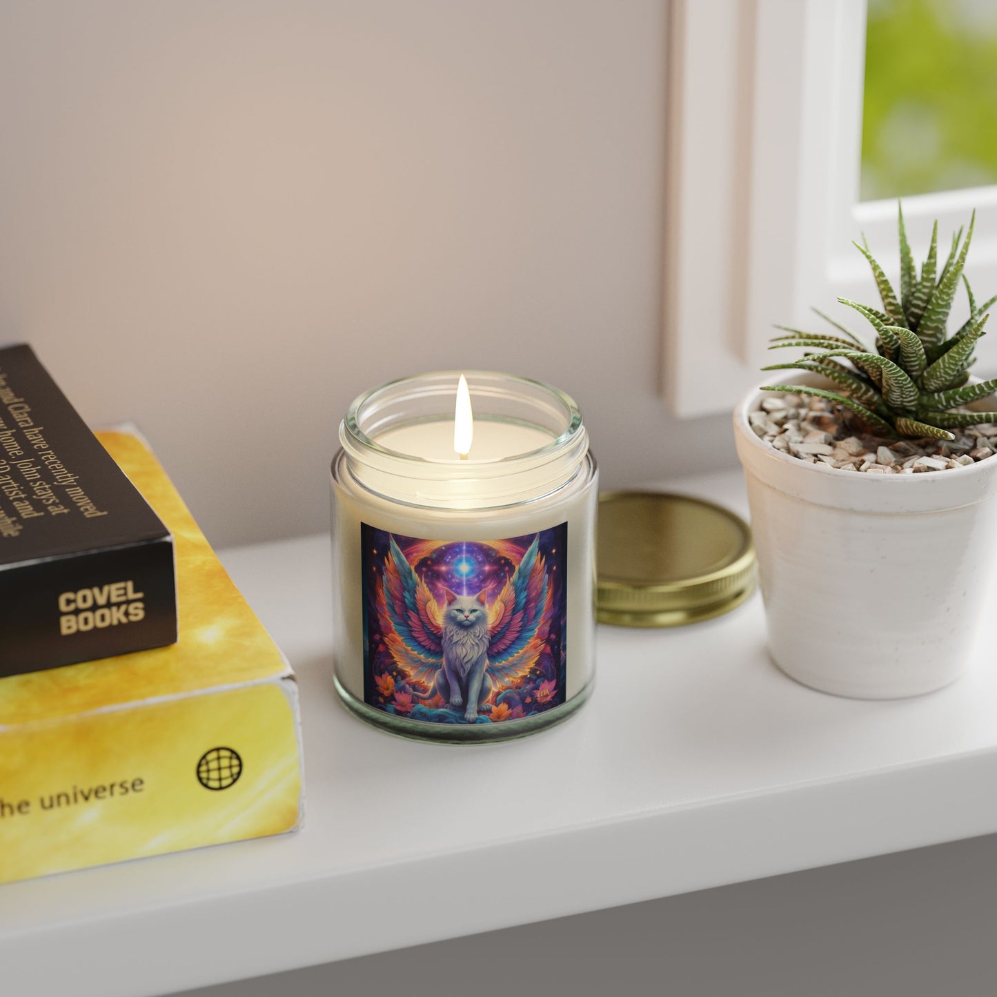 Premium Coconut Apricot Wax Scented Candles, Various Floral & Spice Fragrances (4oz), Spiritual Christmas Holiday Cat Lover Pet Gift, Galaxy Space White Angel Cat Art, by Divine Arts