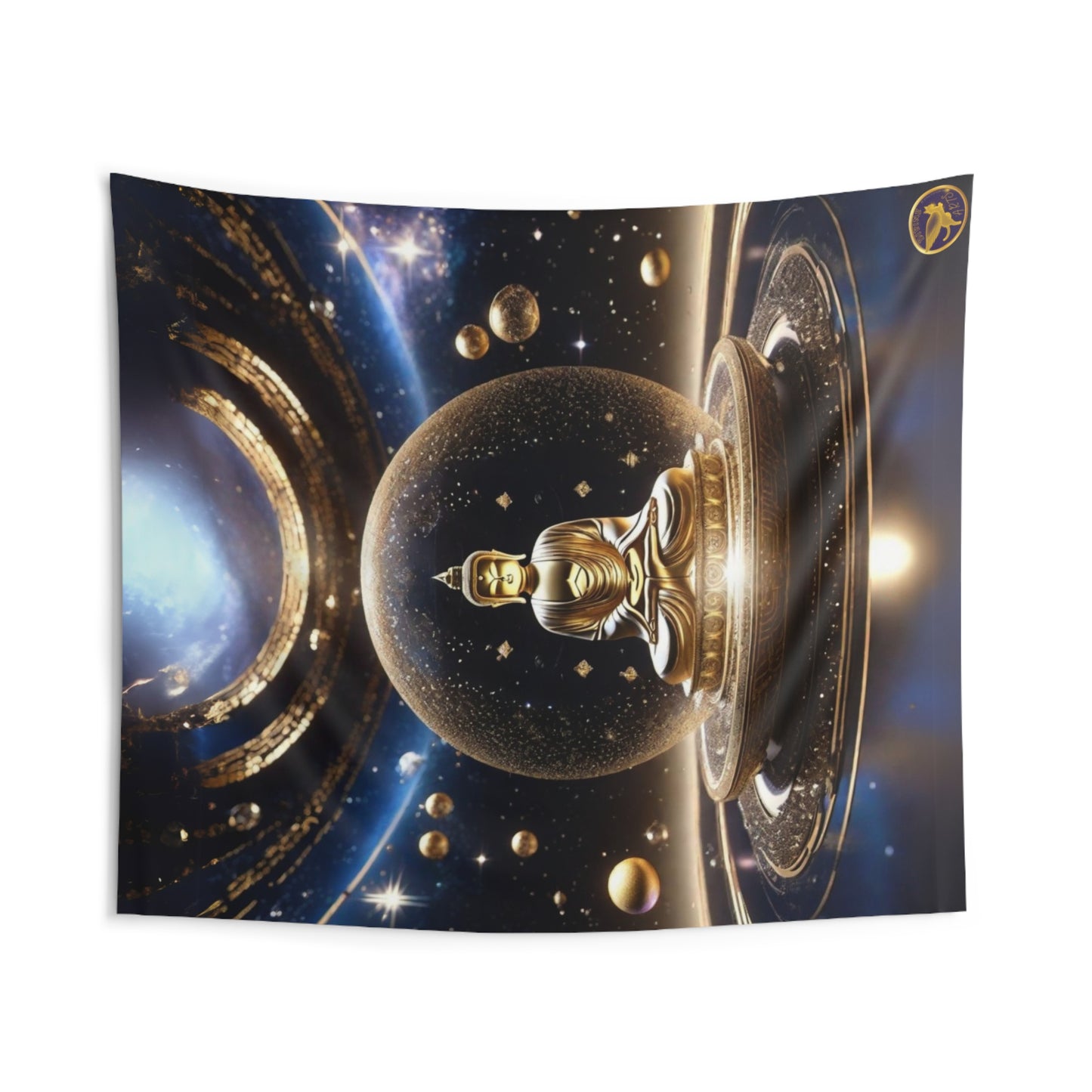 Indoor Polyester Wall Tapestry (88"X 104"), Cosmic Buddha in a Golden Aura Bubble on a Lotus Seat in Samadhi Bliss Meditation as the Cosmos Streams Above Amidst an Atmosphere of Golden Bubbles, Diamond Sutra Art, by Divine Arts
