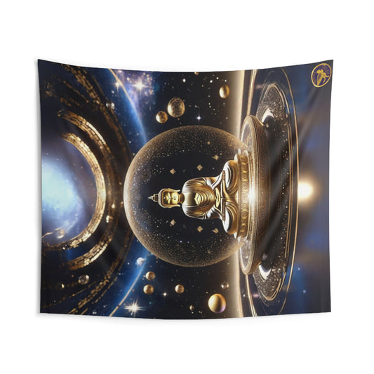 Indoor Polyester Wall Tapestry (88"X 104"), Cosmic Buddha in a Golden Aura Bubble on a Lotus Seat in Samadhi Bliss Meditation as the Cosmos Streams Above Amidst an Atmosphere of Golden Bubbles, Diamond Sutra Art, by Divine Arts