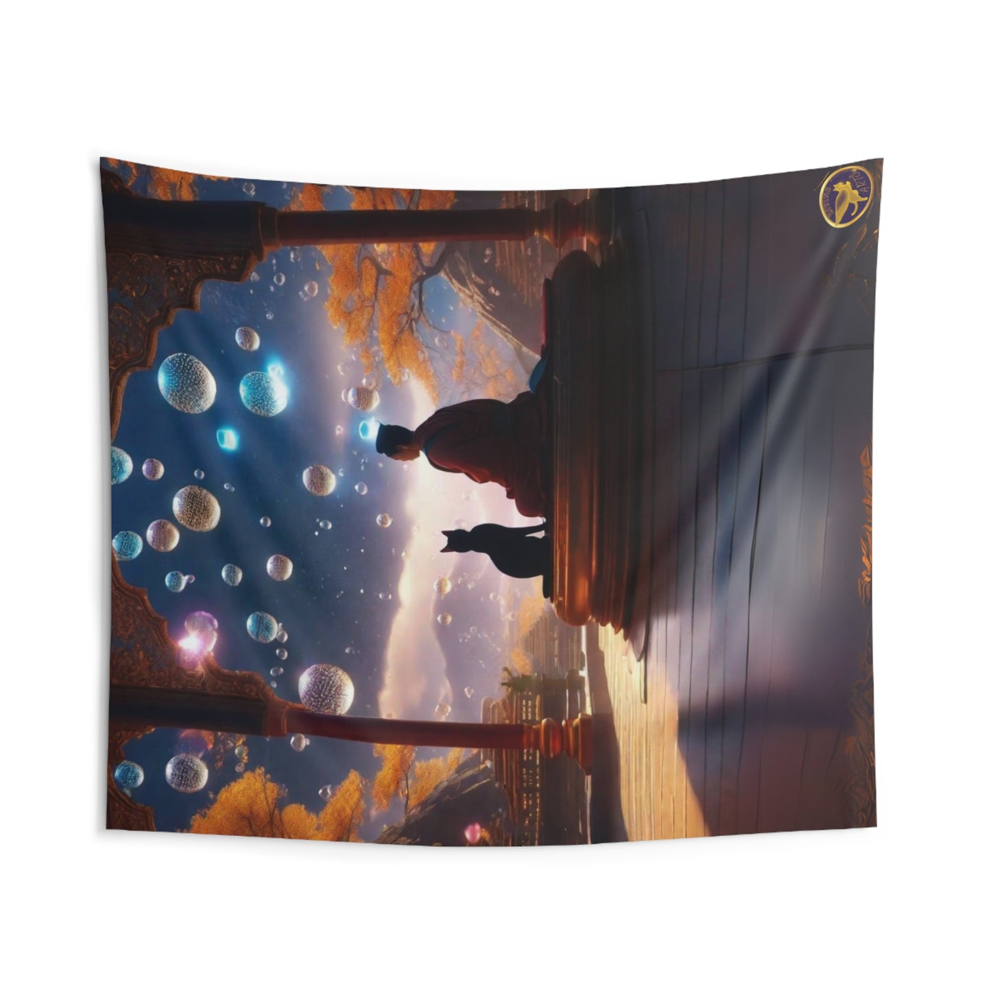Indoor Polyester Wall Tapestry (88"X 104"), Young Buddhist Disciple with Cat Sitting at Temple Gate Enjoying Naural Scenery as a Cascade of Colorful Bubbles Ascend to the Sky, Diamond Sutra Art, by Divine Arts