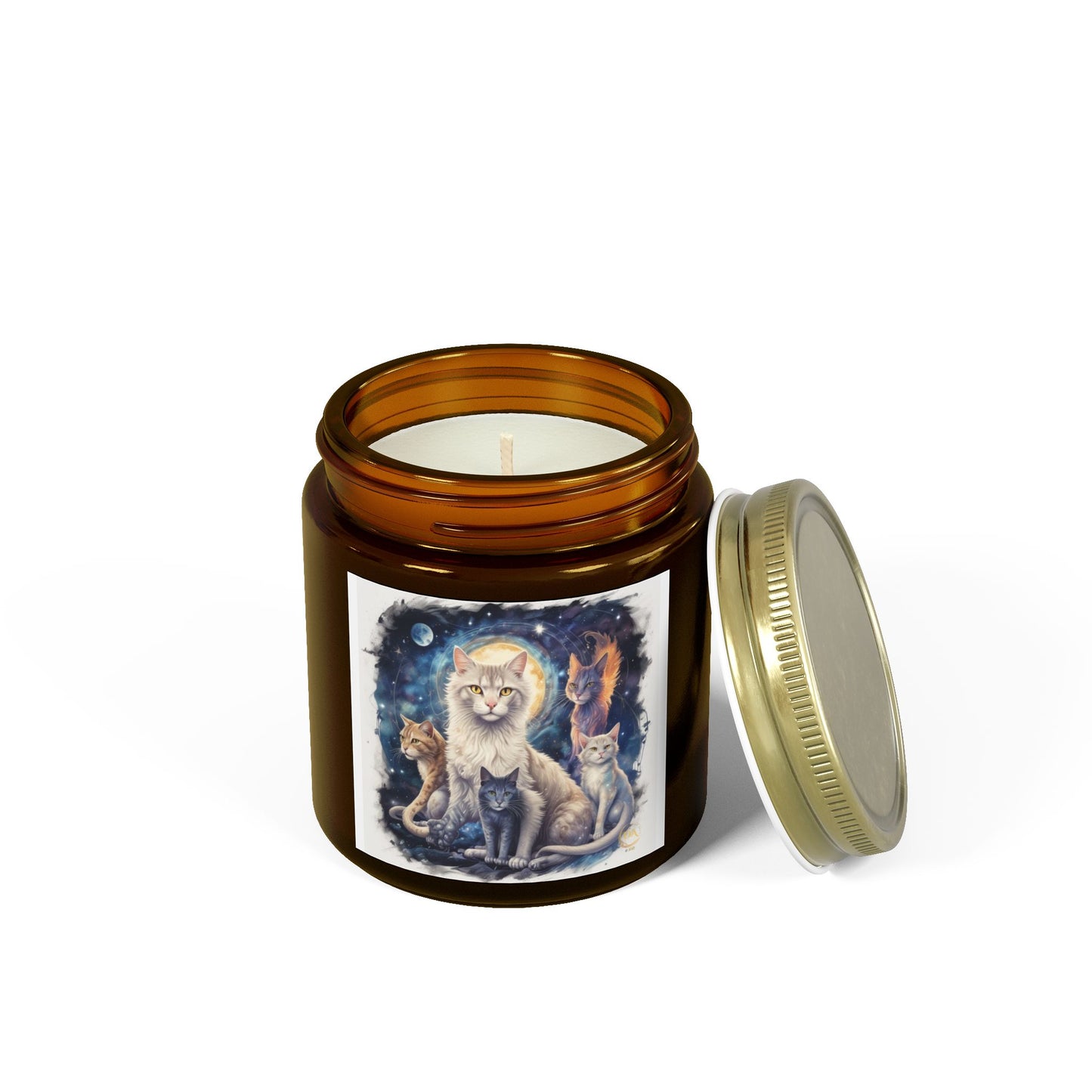 Premium Coconut Apricot Wax Scented Candles, Various Floral & Spice Fragrances (4oz), Spiritual Christmas Holiday Cat Lover Pet Gift, Ginger, White, Gray & Brown Cats Galaxy Space Fantasy Cat Art, by Divine Arts