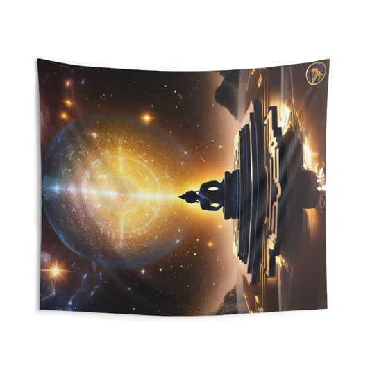 Indoor Polyester Wall Tapestry (88"X 104"), Buddha in Samadhi Bliss Meditation on a Lotus Seat of Enlightenment with Large Golden Aura Amidst a  Bright Starry Night on a Reflective Surface, Diamond Sutra Art, by Divine Arts