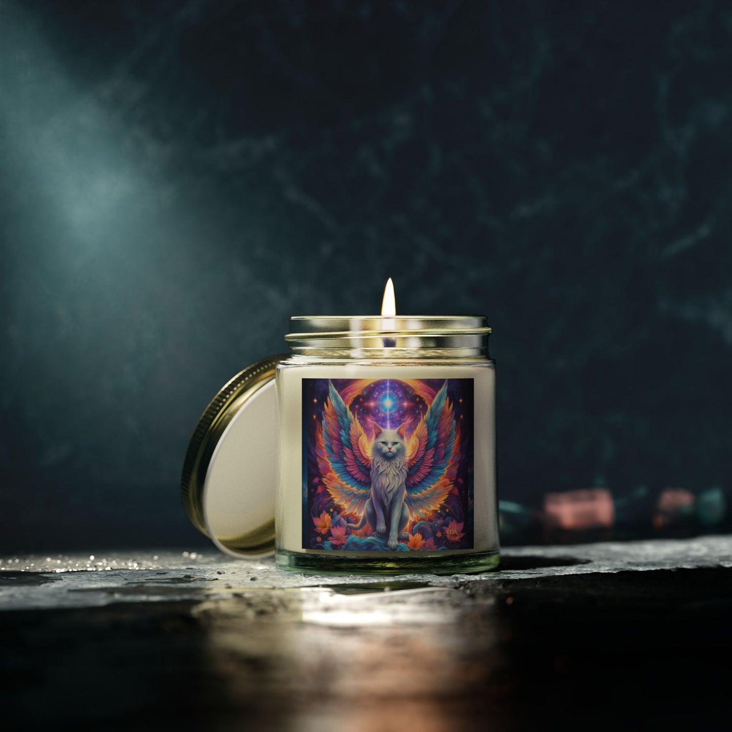 Premium Coconut Apricot Wax Scented Candles, Various Floral & Spice Fragrances (4oz), Spiritual Christmas Holiday Cat Lover Pet Gift, Galaxy Space White Angel Cat Art, by Divine Arts