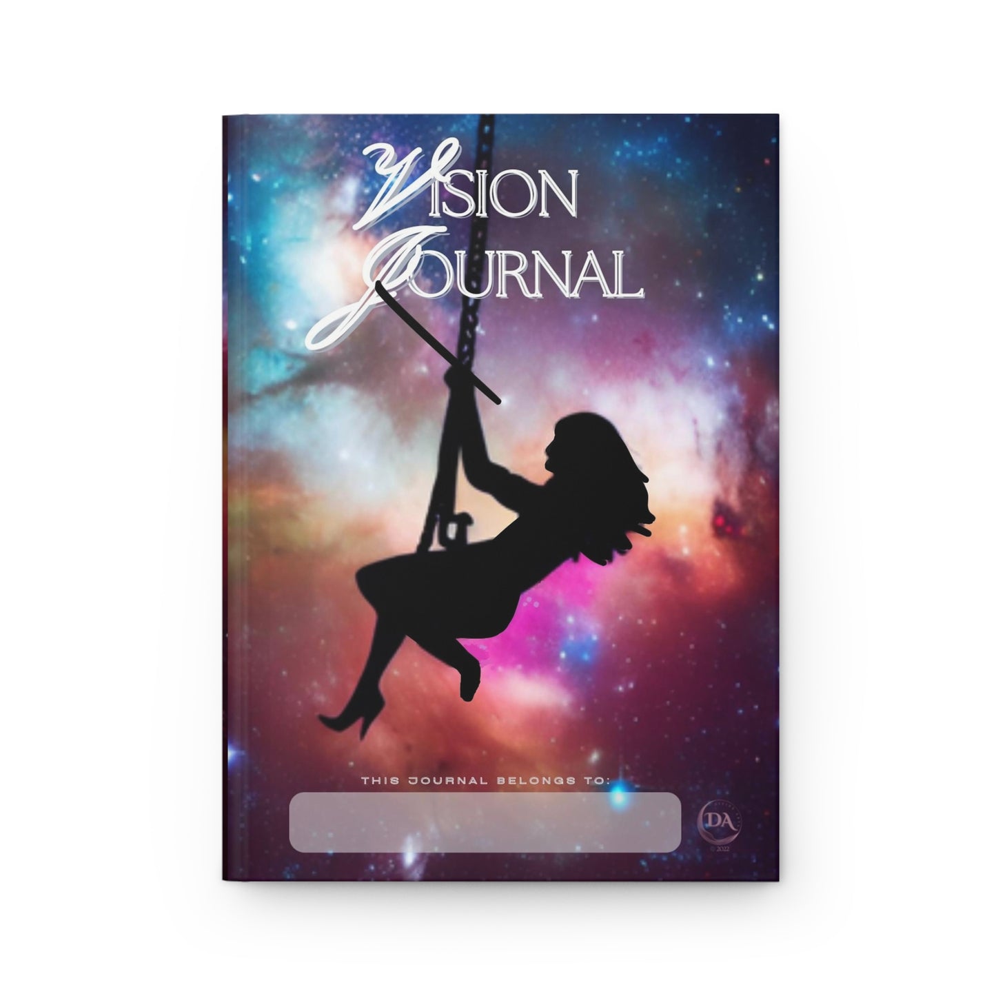 Divine Arts Hardcover Journal Stationery Notebook Matte Laminate Coating Ruled Line Wraparound Art - Fantasy Galaxy Space Art Silouhette of Playful Young Lady on Space Swing in Rainbow Universe of Nebulas and Stars Design on Front and Back Cover