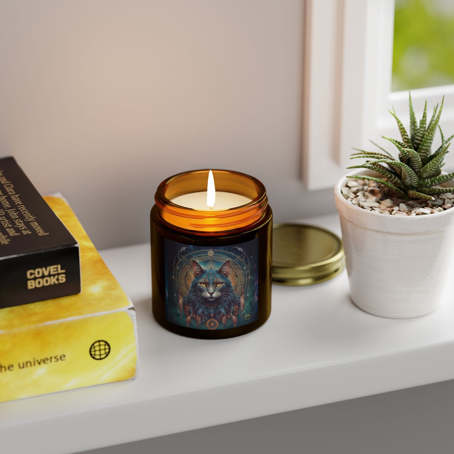 Premium Coconut Apricot Wax Scented Candles, Various Floral & Spice Fragrances (4oz), Spiritual Christmas Holiday Cat Lover Pet Gift, Gray Cat Galaxy Space Fantasy Tribal Art, by Divine Arts