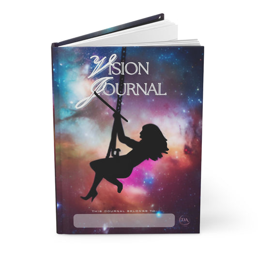 Divine Arts Hardcover Journal Stationery Notebook Matte Laminate Coating  Ruled Line Wraparound Art - Fantasy Galaxy Space Art Silouhette of Playful Young Lady on Space Swing in Rainbow Universe of Nebulas and Stars Design on Front and Back Cover