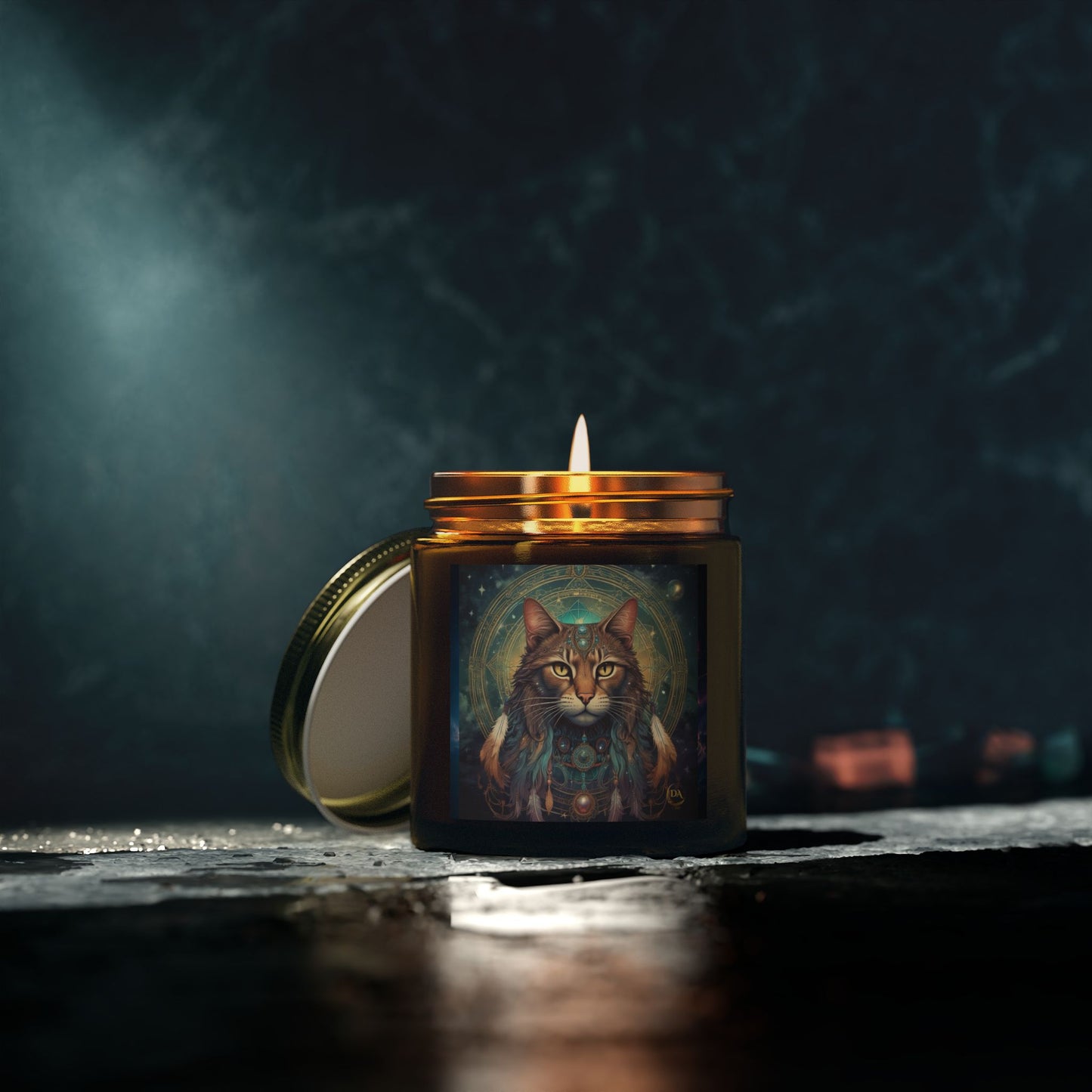 Premium Coconut Apricot Wax Scented Candles, Various Floral & Spice Fragrances (4oz), Spiritual Christmas Holiday Cat Lover Pet Gift, Brown Tabby Cat Galaxy Space Fantasy Tribal Art, by Divine Arts