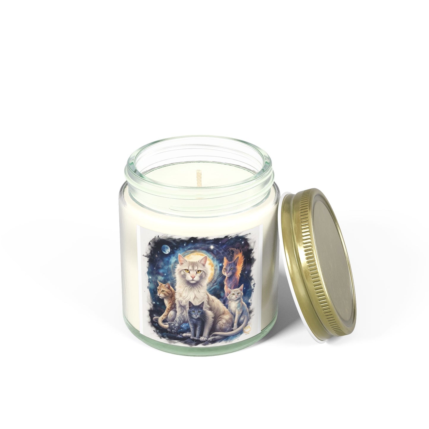 Premium Coconut Apricot Wax Scented Candles, Various Floral & Spice Fragrances (4oz), Spiritual Christmas Holiday Cat Lover Pet Gift, Ginger, White, Gray & Brown Cats Galaxy Space Fantasy Cat Art, by Divine Arts