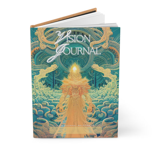 Divine Arts Hardcover Matte Laminate Coating Ruled Line Wraparound Art Journal Stationery Notebook of Celestial Floating Amidst Bright Golden Yellow and Green Swirling Clouds with Tan Cork Print Back Cover