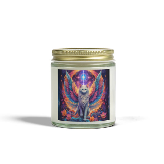 Premium Coconut Apricot Wax Scented Candles, Various Floral & Spice Fragrances (4oz), Spiritual Christmas Holiday Cat Lover Pet Gift, Galaxy Space White Angel Cat Art, by Divine Arts