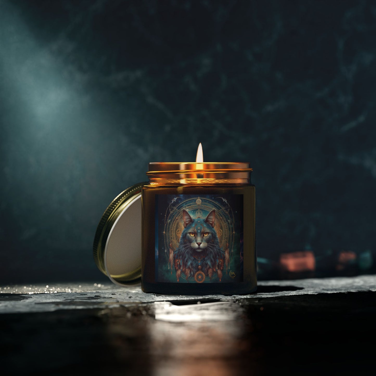 Premium Coconut Apricot Wax Scented Candles, Various Floral & Spice Fragrances (4oz), Spiritual Christmas Holiday Cat Lover Pet Gift, Gray Cat Galaxy Space Fantasy Tribal Art, by Divine Arts