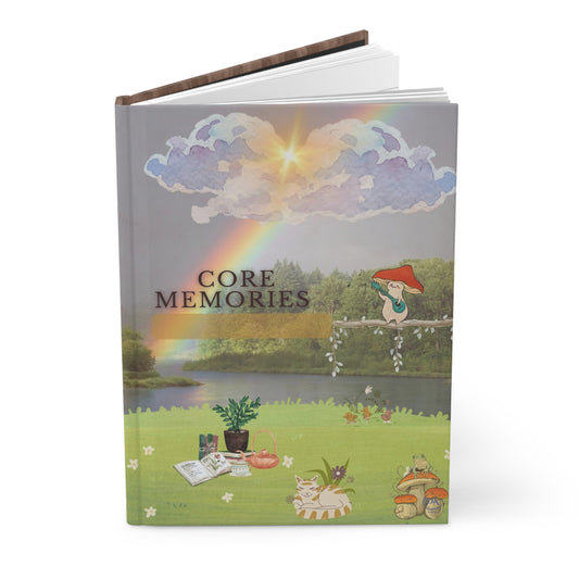Divine Arts Hardcover Journal Notebook Matte Laminate Coating Ruled Line Wraparound Art - Core Memories Outdoors Nature With Mushroom Mandolin Serenade on Sunny Rainbow Day by Orange Striped Tabby Cat and Book Tea Picnic Setting Amidst Glowing Lake