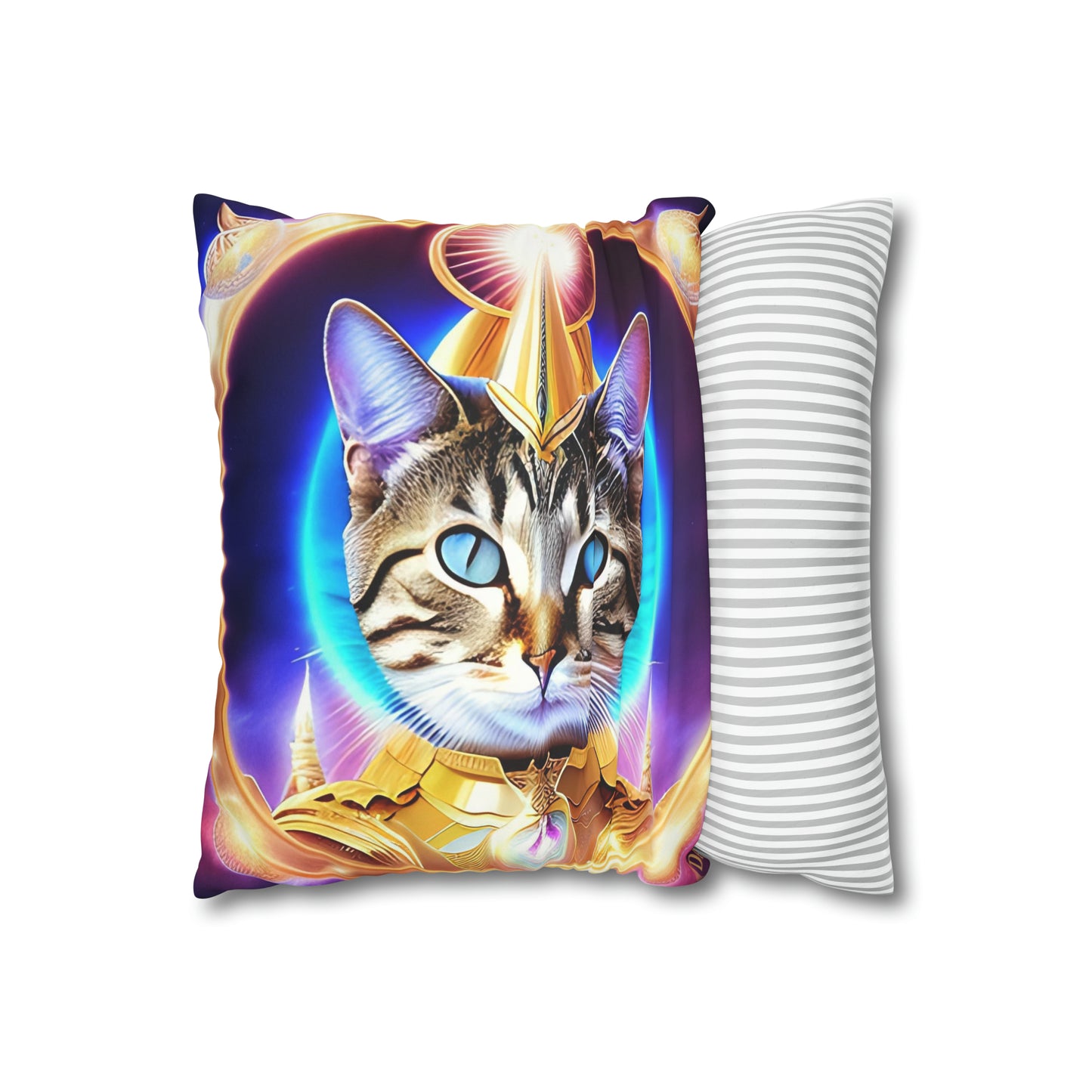 Divine Arts Faux Suede Double-Sided Square Pillow Case - Fantasy Galaxy Space Cat Lover Female Brown Gray Tabby Cat with Blue Eyes in Ornate Golden Armor with Light Blue Maharaic Shied Aura as Realized Merkaba Master Pillow Cover in Four Sizes