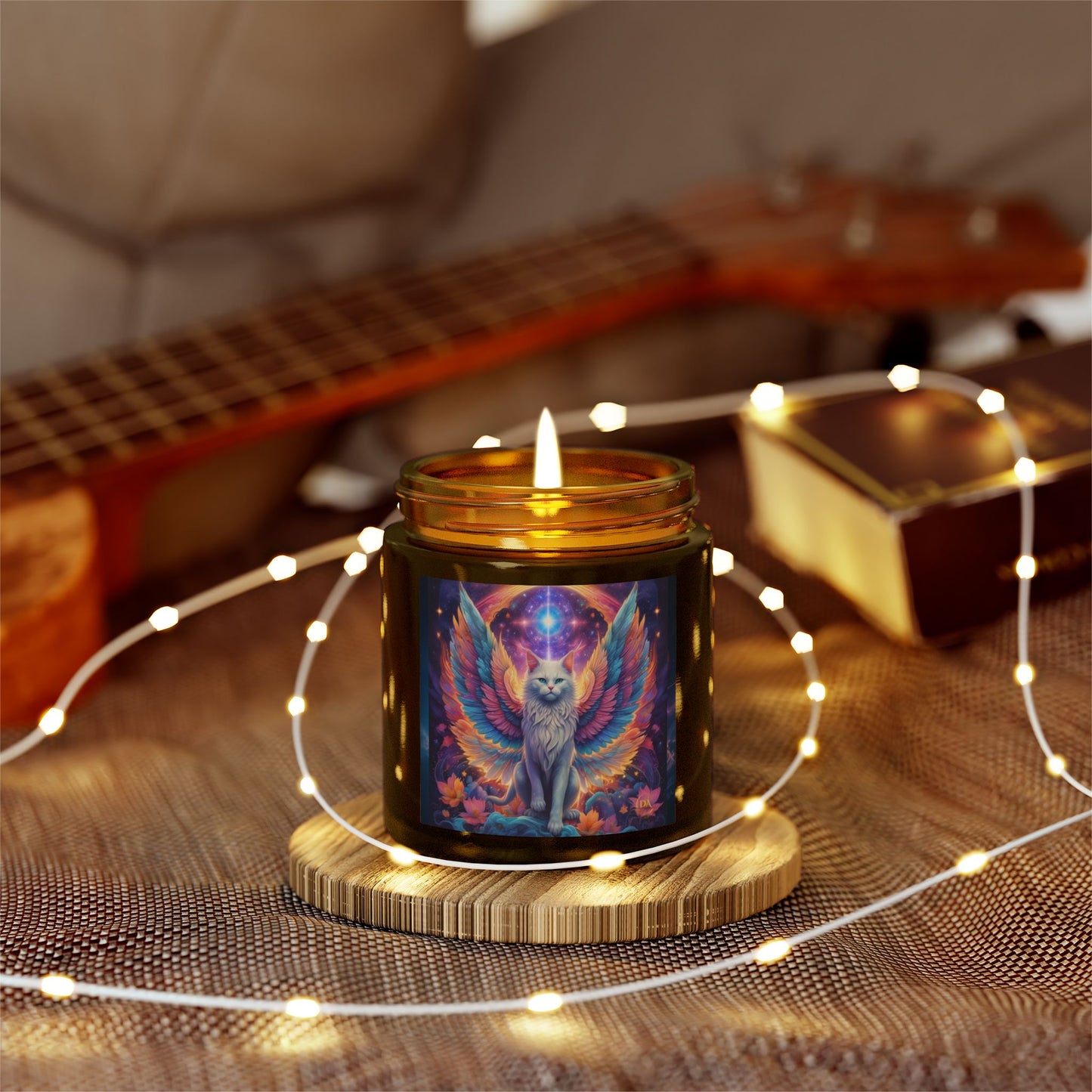 Premium Coconut Apricot Wax Scented Candles, Various Floral & Spice Fragrances (4oz), Spiritual Christmas Holiday Cat Lover Pet Gift, Galaxy Space White Angel Cat Art, by Divine Arts