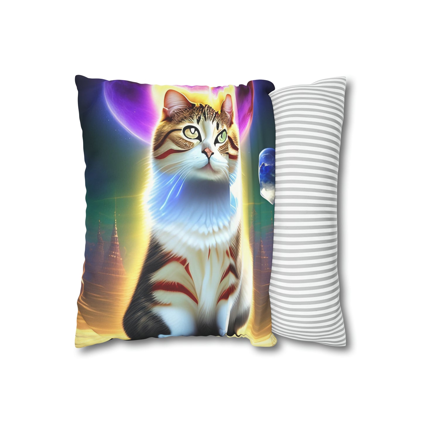 Divine Arts Faux Suede Double-Sided Square Pillow Case - Fantasy Galaxy Space Cat Lover Female Brown and White Tabby Cat with Heterochromia and a Bright Yellow & Purple Aura Spiritual Pillow Cover in Four Sizes