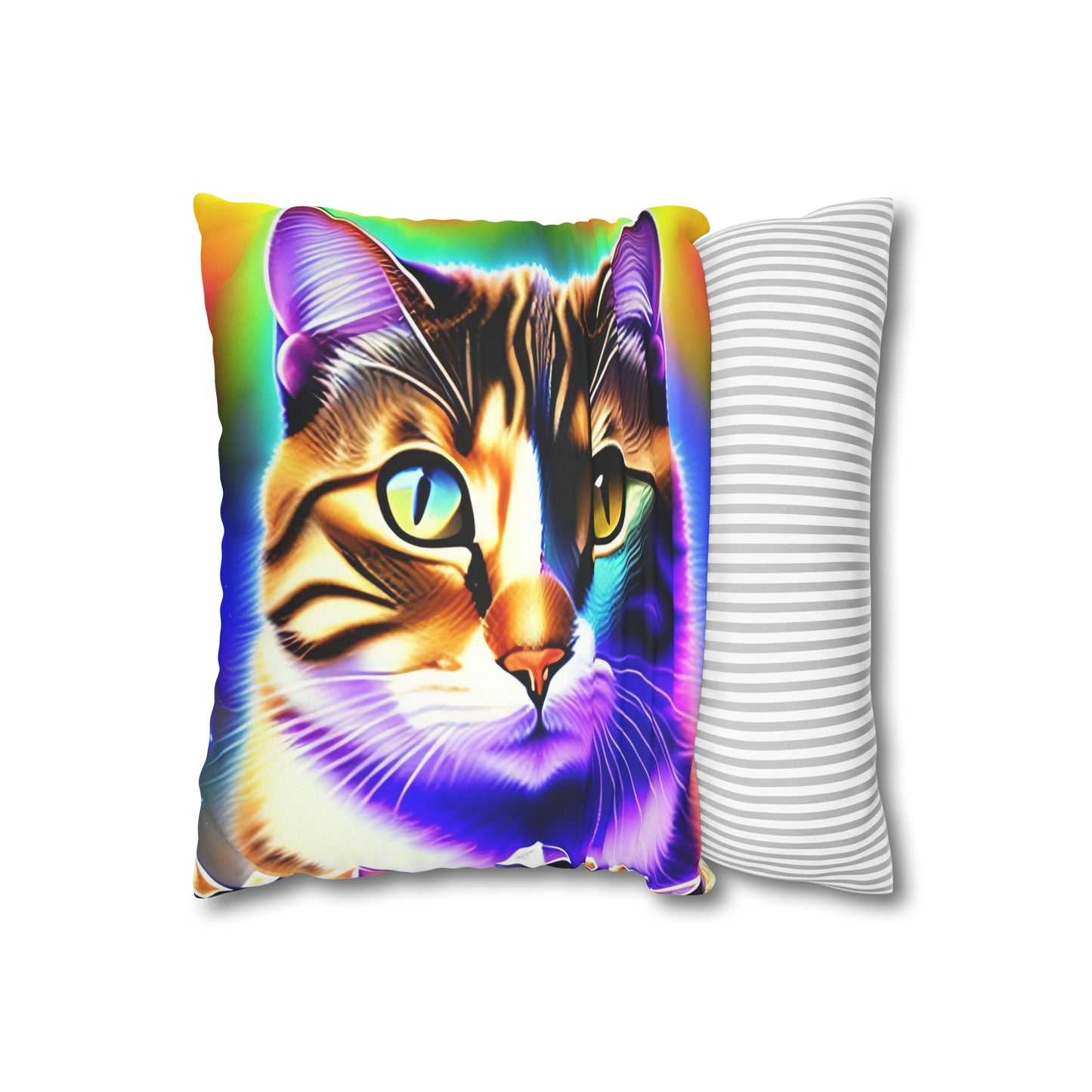 Divine Arts Faux Suede Double-Sided Square Pillow Case - Fantasy Galaxy Space Cat Lover Brown Tabby Cat with Heterochromia Meditating in Rainbow Trance Colors Pillow Cover in Four Sizes