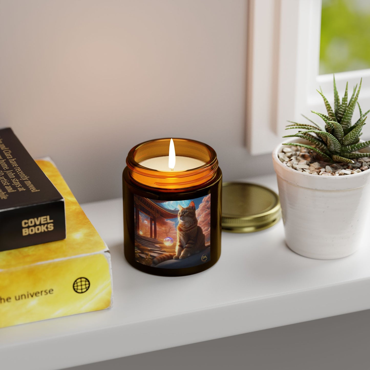 Premium Coconut Apricot Wax Scented Candles, Various Floral & Spice Fragrances (4oz), Spiritual Christmas Holiday Cat Lover Pet Gift, Ginger Tabby Cat Buddhist Diamond Sutra Temple Art, by Divine Arts