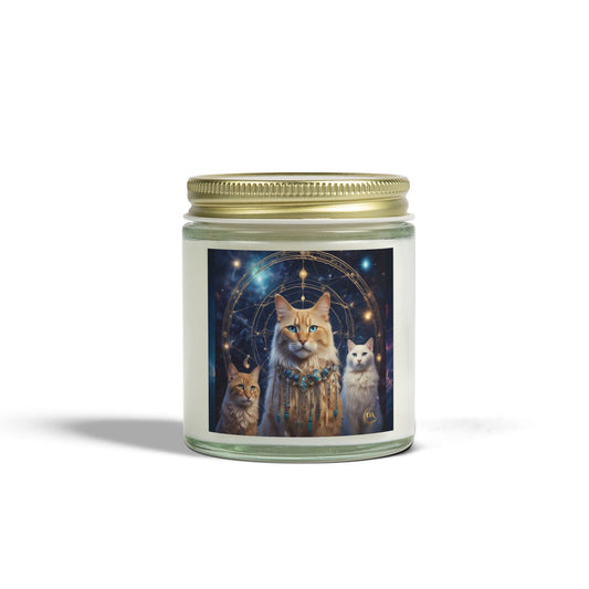 Premium Coconut Apricot Wax Scented Candles, Various Floral & Spice Fragrances (4oz), Spiritual Christmas Holiday Cat Lover Pet Gift, Ginger & White Cats Galaxy Space Fantasy Tribal Art, by Divine Arts
