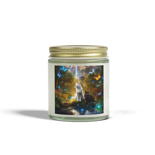 Premium Coconut Apricot Wax Scented Candles, Various Floral & Spice Fragrances (4oz), Spiritual Christmas Holiday Cat Lover Pet Gift, Black & White Cats in Nature Butterflies Scene Fairytale Fantasy Art, by Divine Arts
