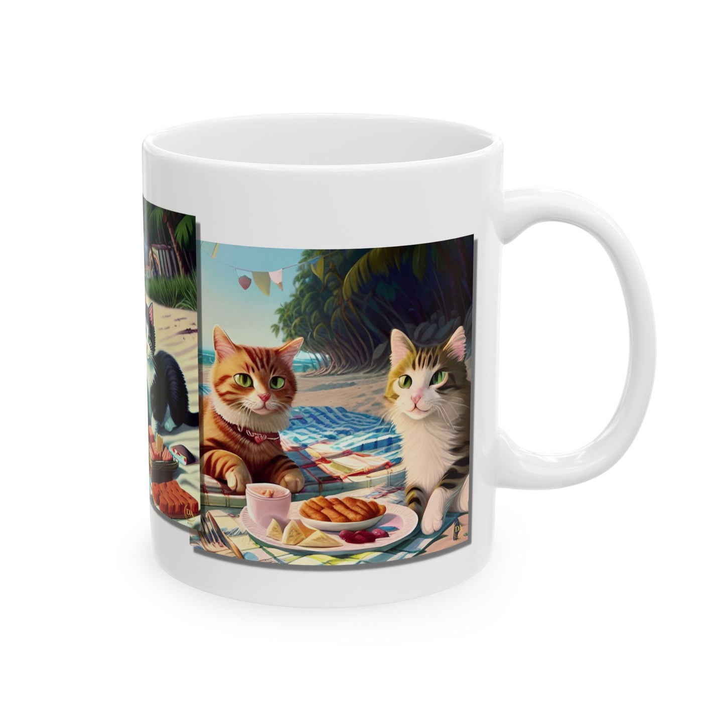 Ceramic Cat Lover Pet Mug 11oz- Cats Picnic on Beach, Cat Collage, Pet Gift, Cat Lover Gift, Gift for Him or Her, Christmas Gift, Art by Divine Arts LLC