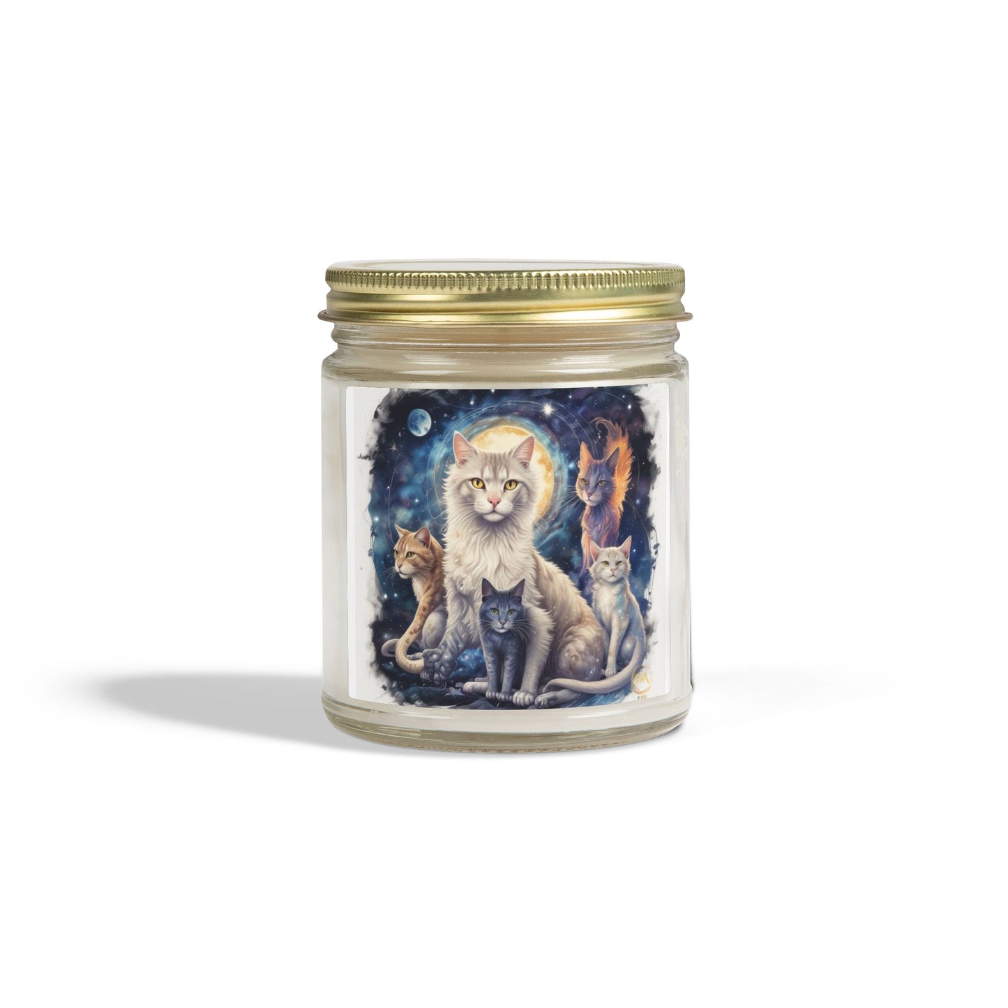 Premium Coconut Apricot Wax Scented Candles, Various Floral & Spice Fragrances (4oz), Spiritual Christmas Holiday Cat Lover Pet Gift, Ginger, White, Gray & Brown Cats Galaxy Space Fantasy Cat Art, by Divine Arts