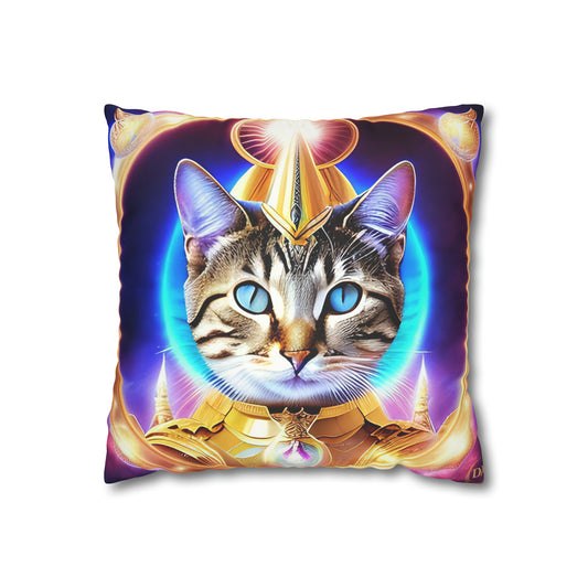 Divine Arts Faux Suede Double-Sided Square Pillow Case - Fantasy Galaxy Space Cat Lover Female Brown Gray Tabby Cat with Blue Eyes in Ornate Golden Armor with Light Blue Maharaic Shied Aura as Realized Merkaba Master Pillow Cover in Four Sizes