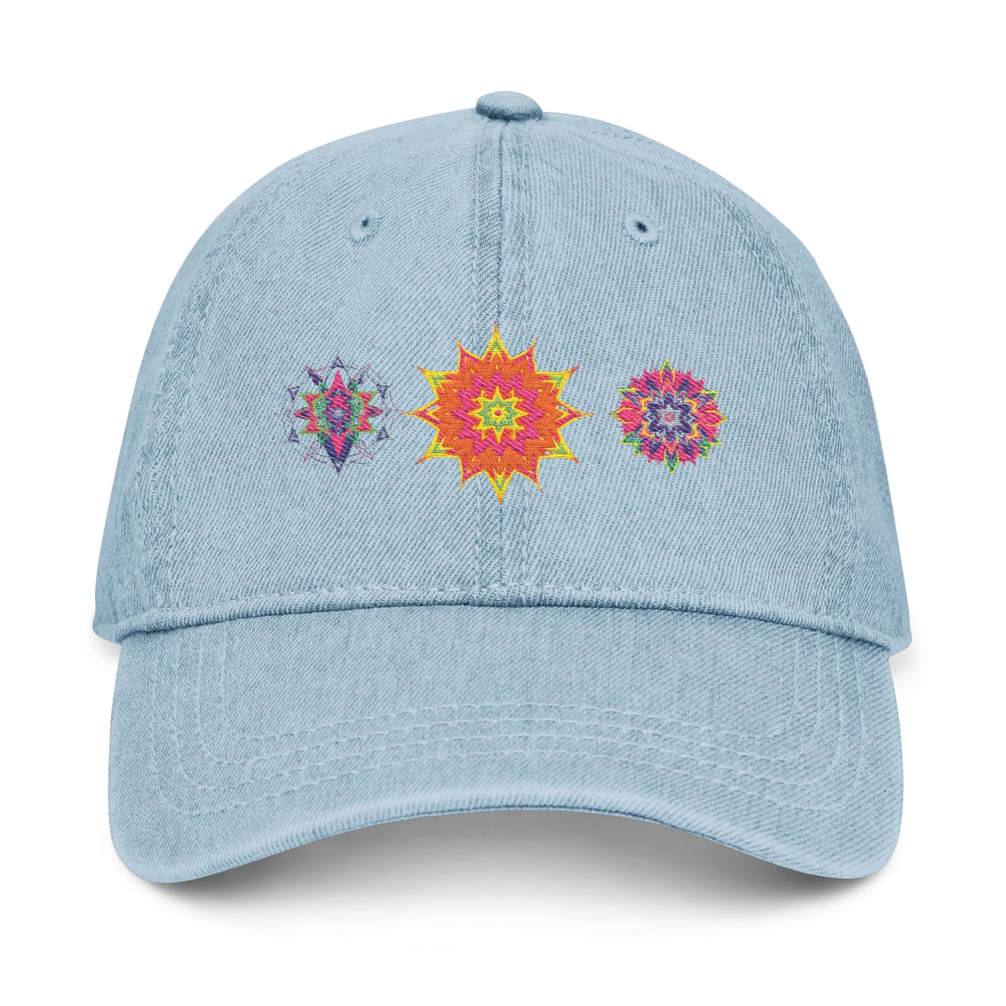 Denim Cap (Embroidery), 100% Cotton, Three Unique Embroidery Merkabas, Neon Galaxy Starry Light, Lotus Jewel Design by Divine Arts