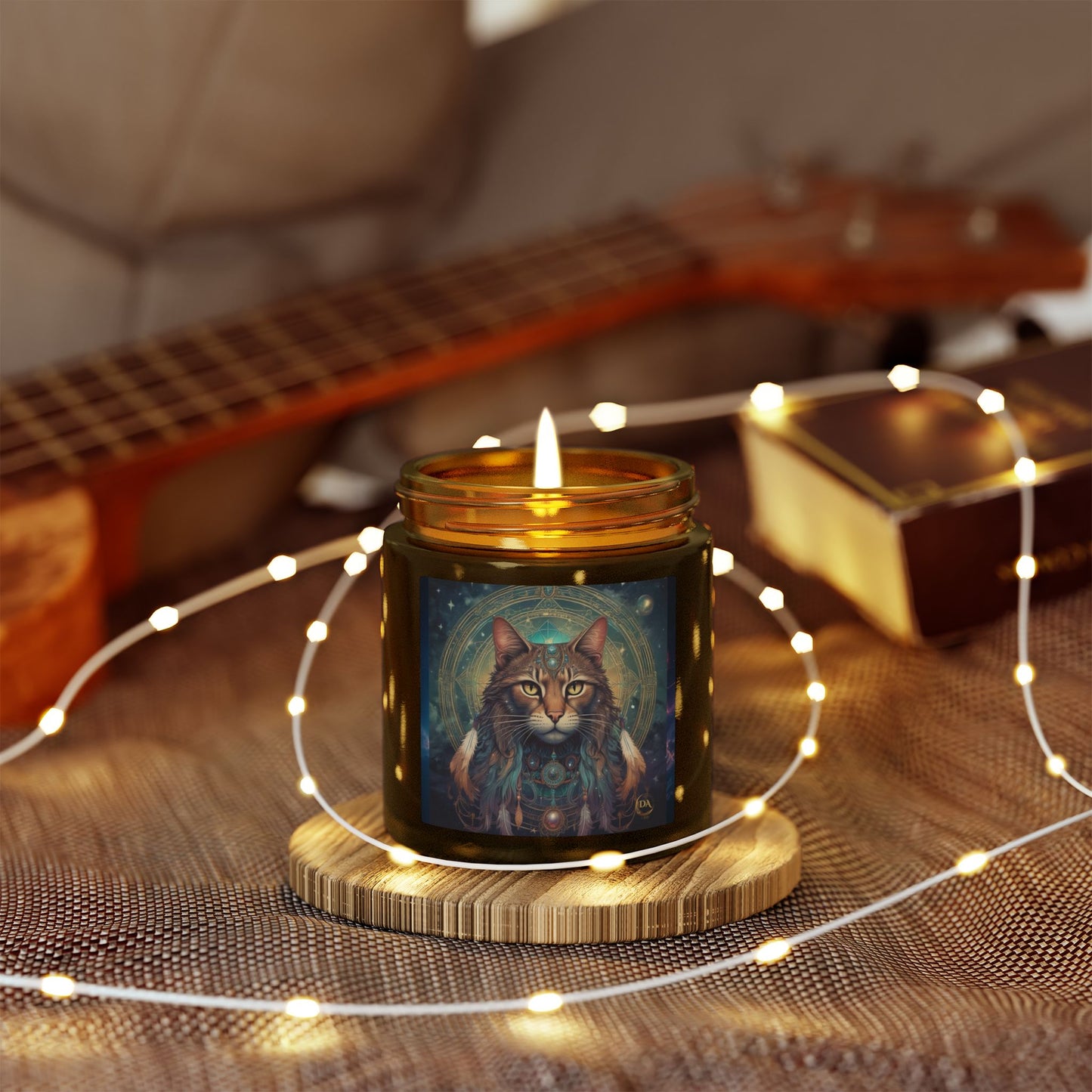 Premium Coconut Apricot Wax Scented Candles, Various Floral & Spice Fragrances (4oz), Spiritual Christmas Holiday Cat Lover Pet Gift, Brown Tabby Cat Galaxy Space Fantasy Tribal Art, by Divine Arts