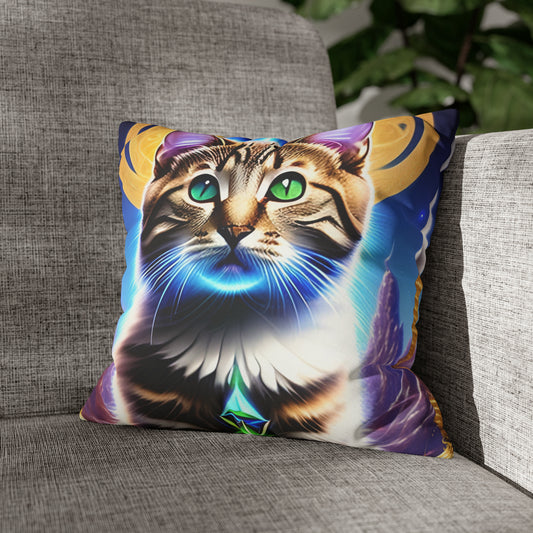 Divine Arts Faux Suede Double-Sided Square Pillow Case in Four Sizes - Fantasy Galaxy Space Cat Lover Male Brown Tabby Cat with Green Eyes Green Merkaba & Golden Aura Plates in Moutains