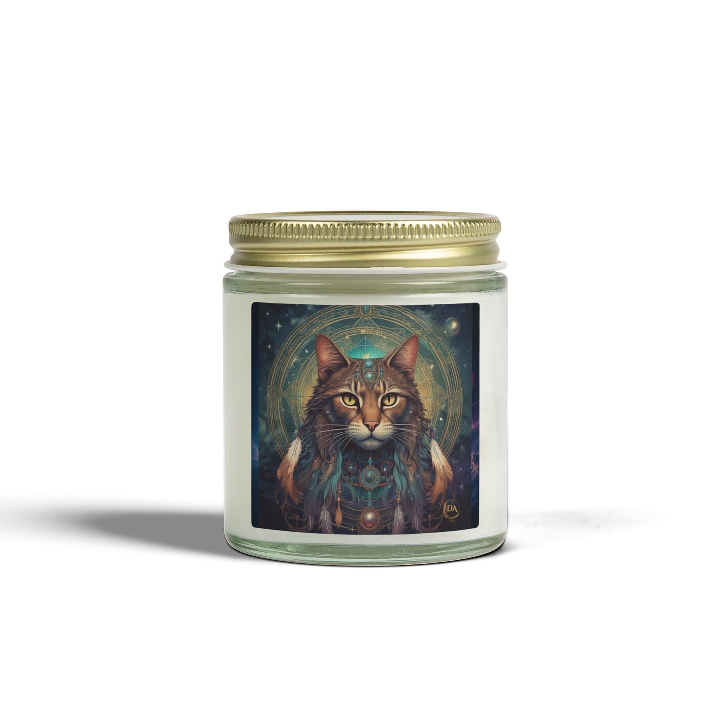 Premium Coconut Apricot Wax Scented Candles, Various Floral & Spice Fragrances (4oz), Spiritual Christmas Holiday Cat Lover Pet Gift, Brown Tabby Cat Galaxy Space Fantasy Tribal Art, by Divine Arts