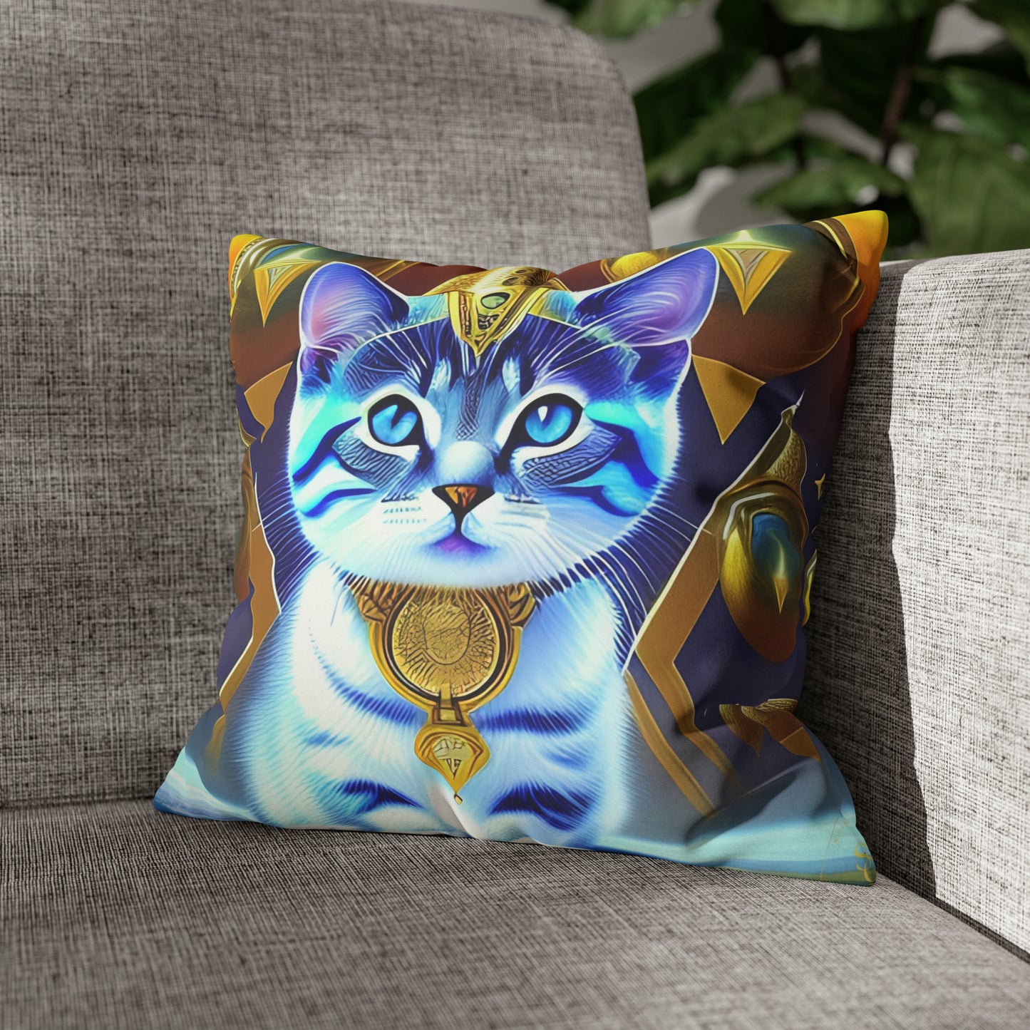 Divine Arts Faux Suede Double-Sided Square Pillow Case in Four Sizes - Fantasy Galaxy Space Cat Lover Male Gray and White Tabby Kitten with Blue Eyes in Golden Merkaba Chamber Wielding the Merkab