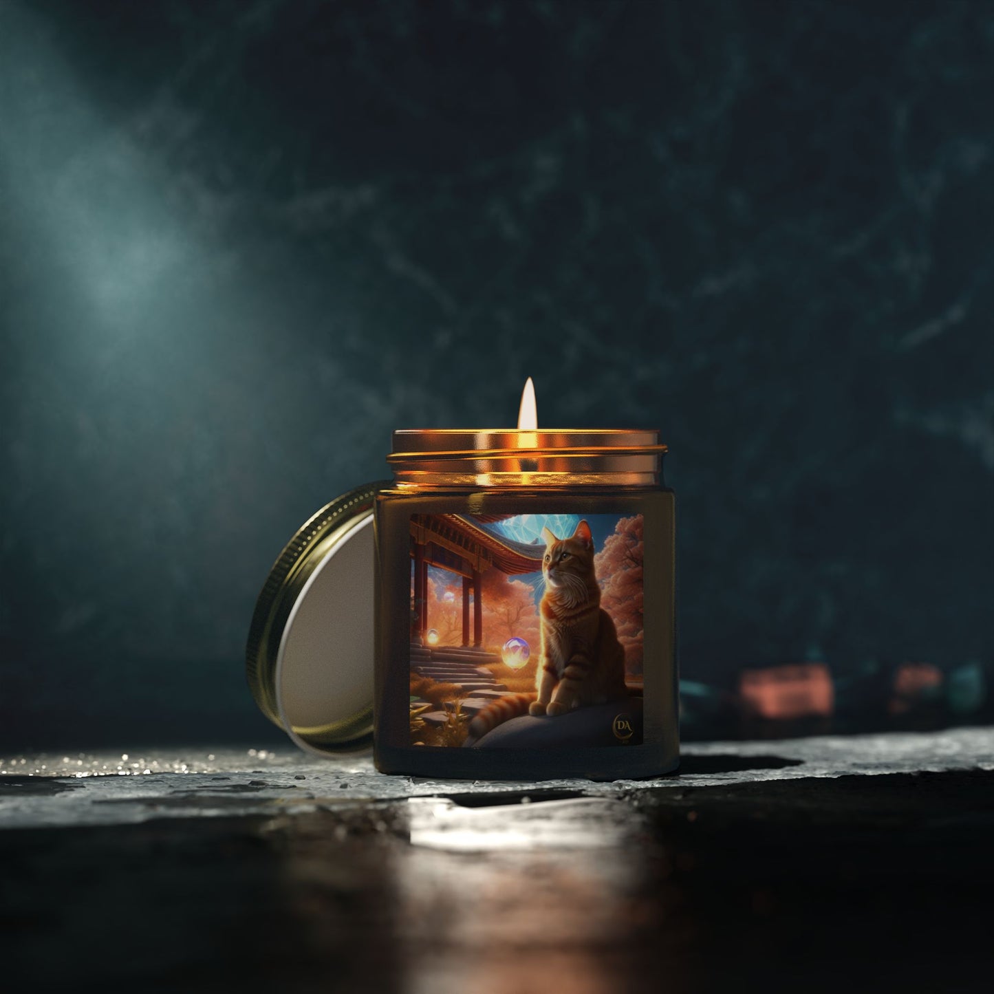 Premium Coconut Apricot Wax Scented Candles, Various Floral & Spice Fragrances (4oz), Spiritual Christmas Holiday Cat Lover Pet Gift, Ginger Tabby Cat Buddhist Diamond Sutra Temple Art, by Divine Arts