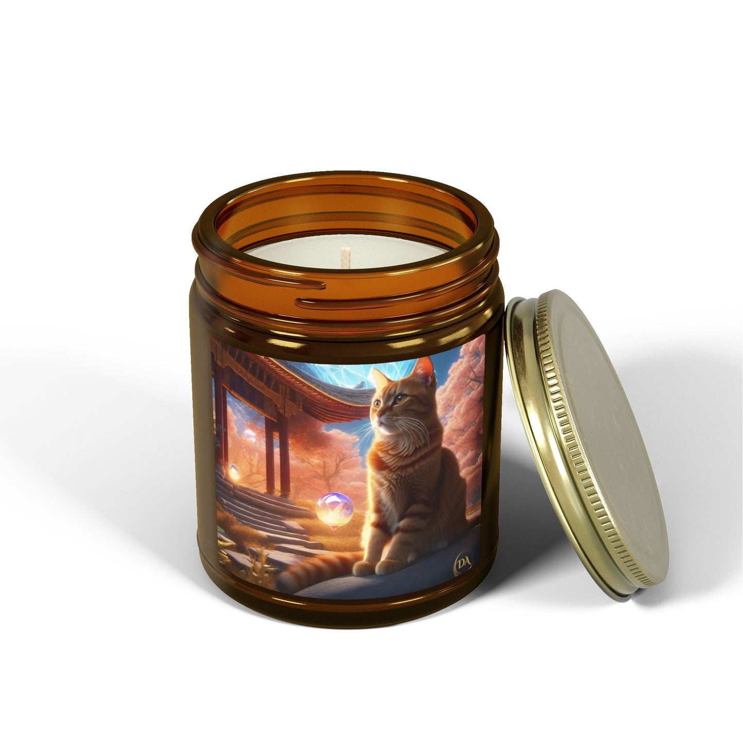 Premium Coconut Apricot Wax Scented Candles, Various Floral & Spice Fragrances (4oz), Spiritual Christmas Holiday Cat Lover Pet Gift, Ginger Tabby Cat Buddhist Diamond Sutra Temple Art, by Divine Arts