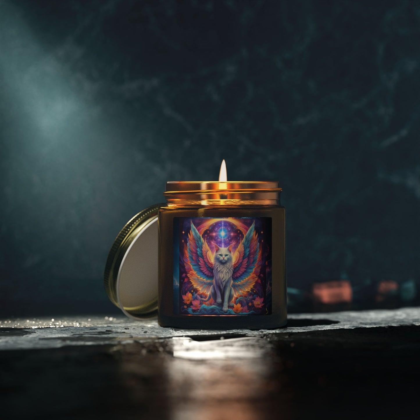 Premium Coconut Apricot Wax Scented Candles, Various Floral & Spice Fragrances (4oz), Spiritual Christmas Holiday Cat Lover Pet Gift, Galaxy Space White Angel Cat Art, by Divine Arts