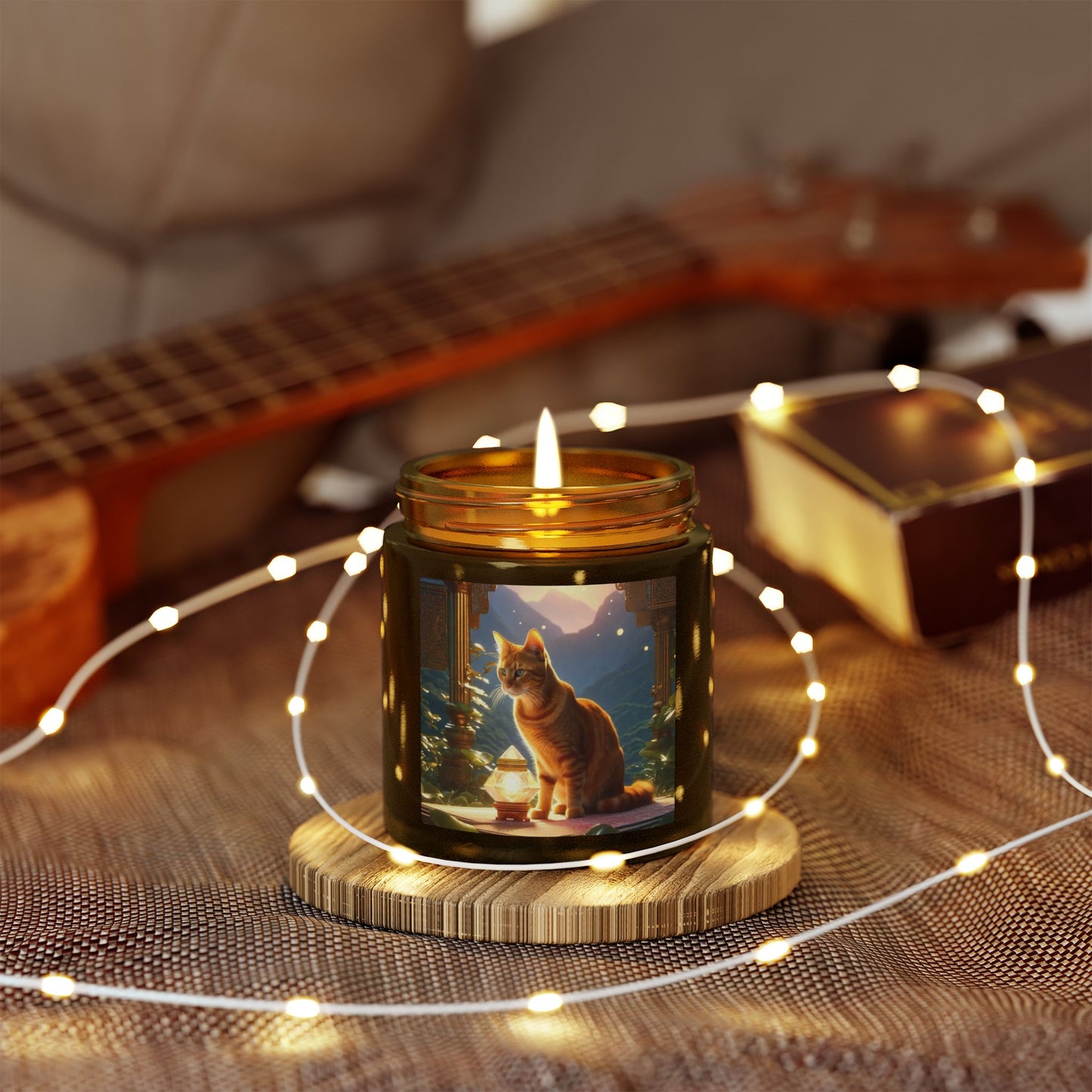 Premium Coconut Apricot Wax Scented Candles, Various Floral & Spice Fragrances (4oz), Spiritual Christmas Holiday Cat Lover Pet Gift, Ginger Tabby Cat Buddhist Diamond Sutra Temple Art, by Divine Arts