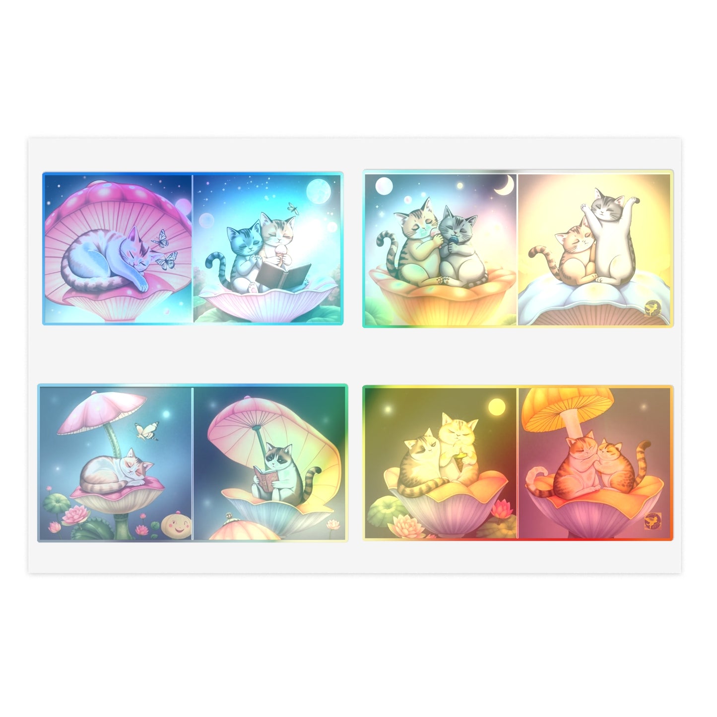 Whimsical Cat Night & Day Mushroom Lotus, Nature Bookworm Sticker Sheets (6x4) – Cute Floral Shell Mushroom Umbrella Cap Kittens by Divine Arts