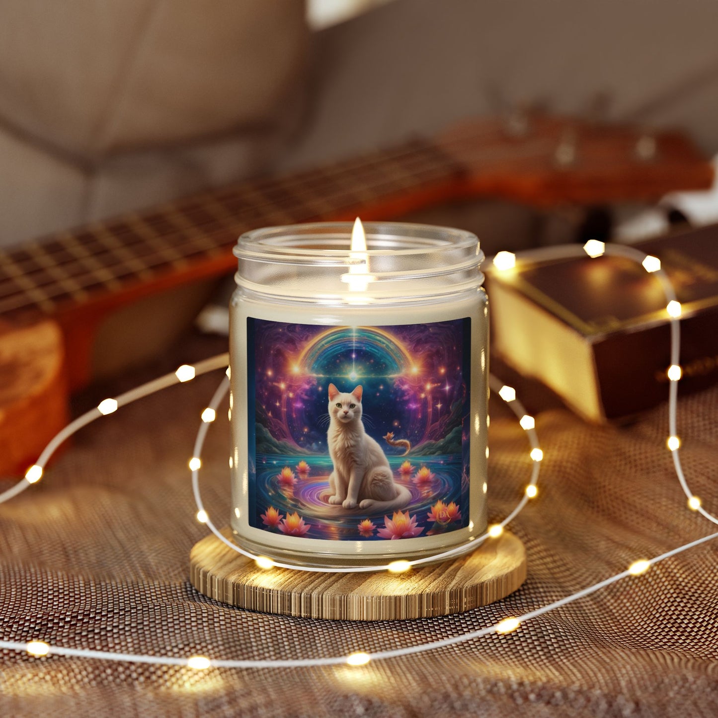 Premium Coconut Apricot Wax Scented Candles, Various Floral & Spice Fragrances (4oz), Spiritual Christmas Holiday Cat Lover Pet Gift, White Brown Cat in Sparkling Rainbow Lotus Field Pool, Fantasy Galaxy Space Cat Art , by Divine Arts